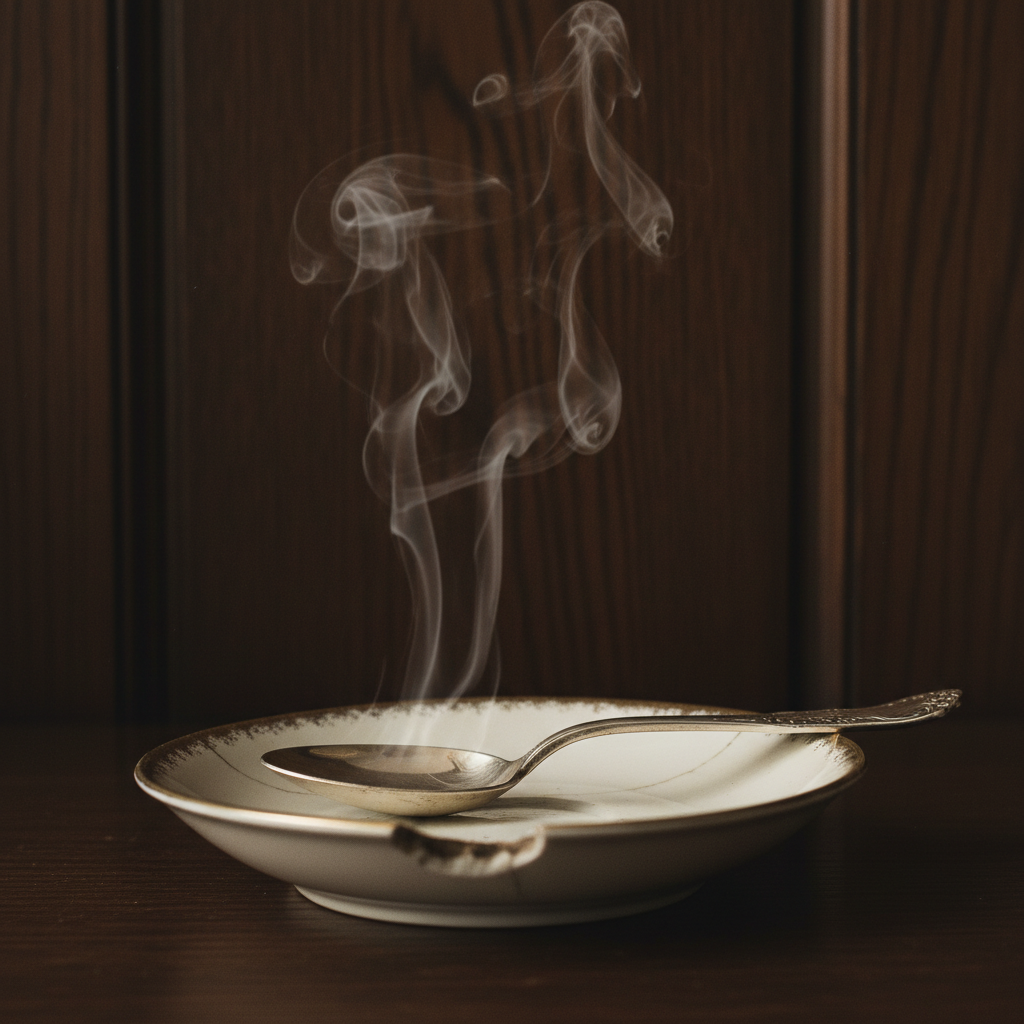 A close-up of a silver teaspoon resting on the edge of a chipped porcelain saucer, steam rising against a backdrop of da