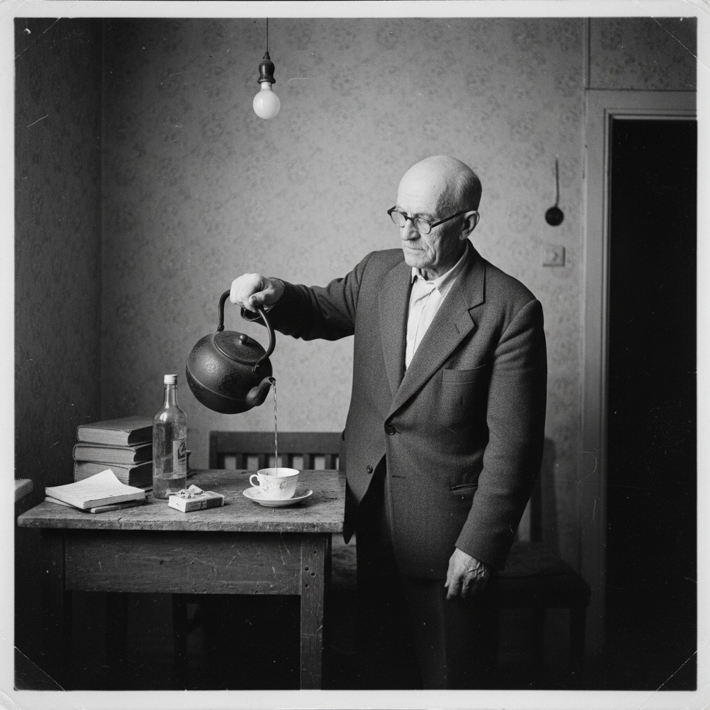 An elderly Philby in a sparse Moscow apartment, his hand trembling as he pours tea from a heavy iron kettle.
