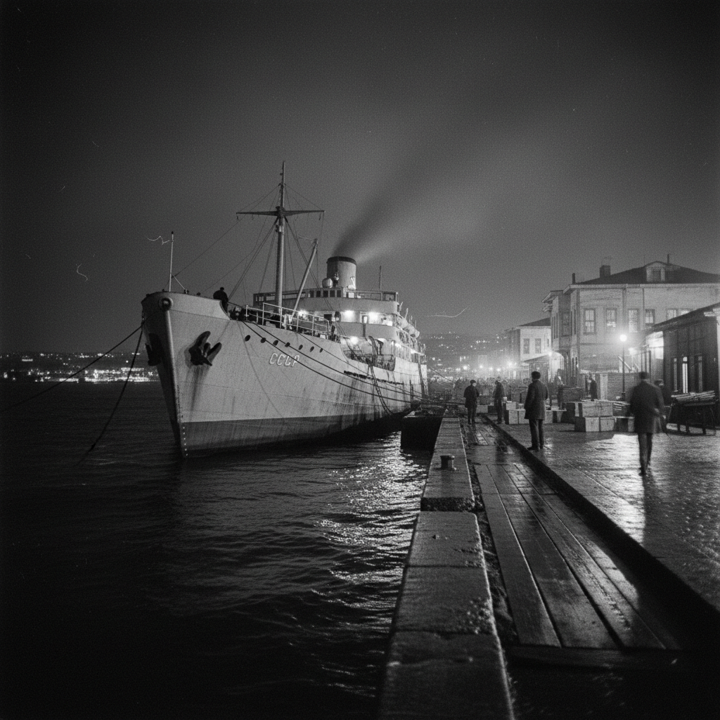 A grainy black and white photograph of an Istanbul dockside at night, the lights of a Soviet freighter shimmering on the