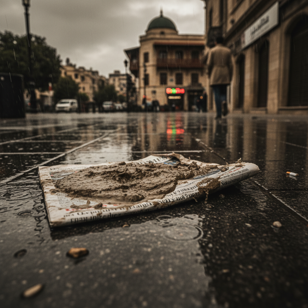 A discarded London Times newspaper on a wet Beirut pavement, the headline obscured by mud and rain.