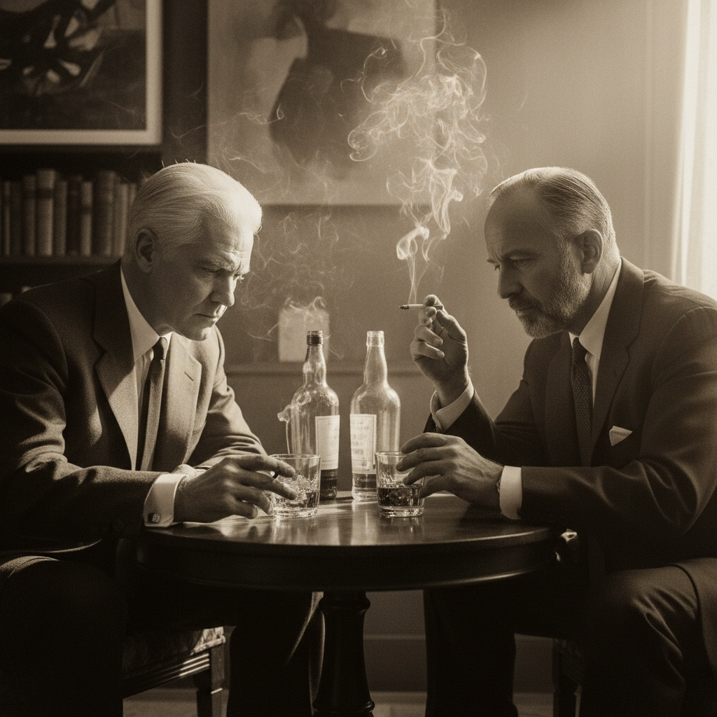 James Angleton and Philby seated at a low table, the air thick with cigarette smoke and the amber glow of bourbon bottle
