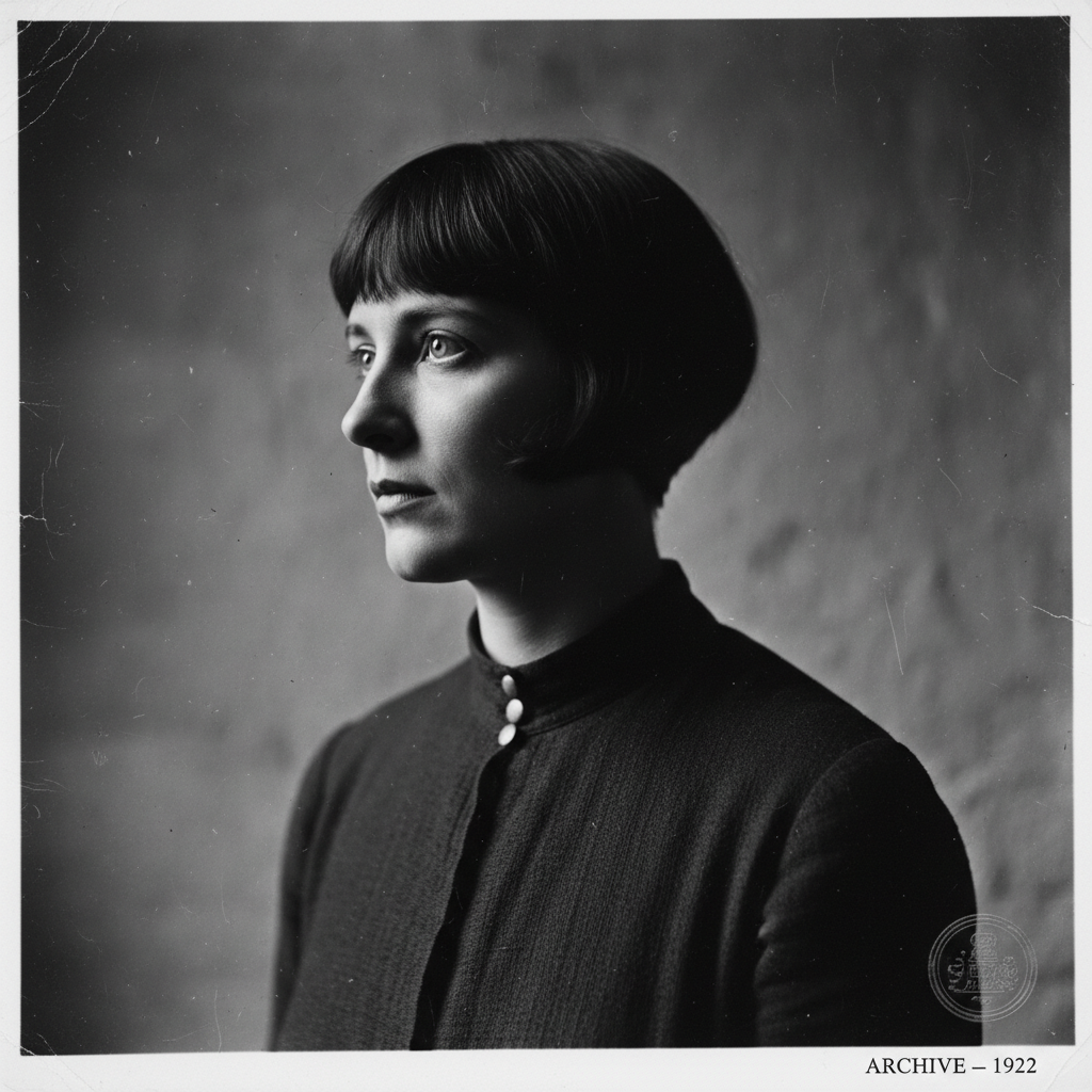 A profile photograph of Anna Anderson in 1922, her hair short and dark, her eyes staring intensely off-camera with a loo
