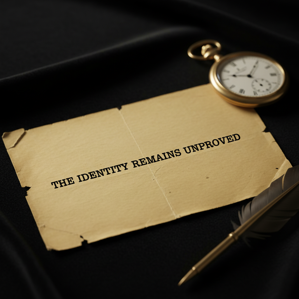 A close-up of a telegram from 1928, the paper yellowed and fragile, with the words "THE IDENTITY REMAINS UNPROVED" typed