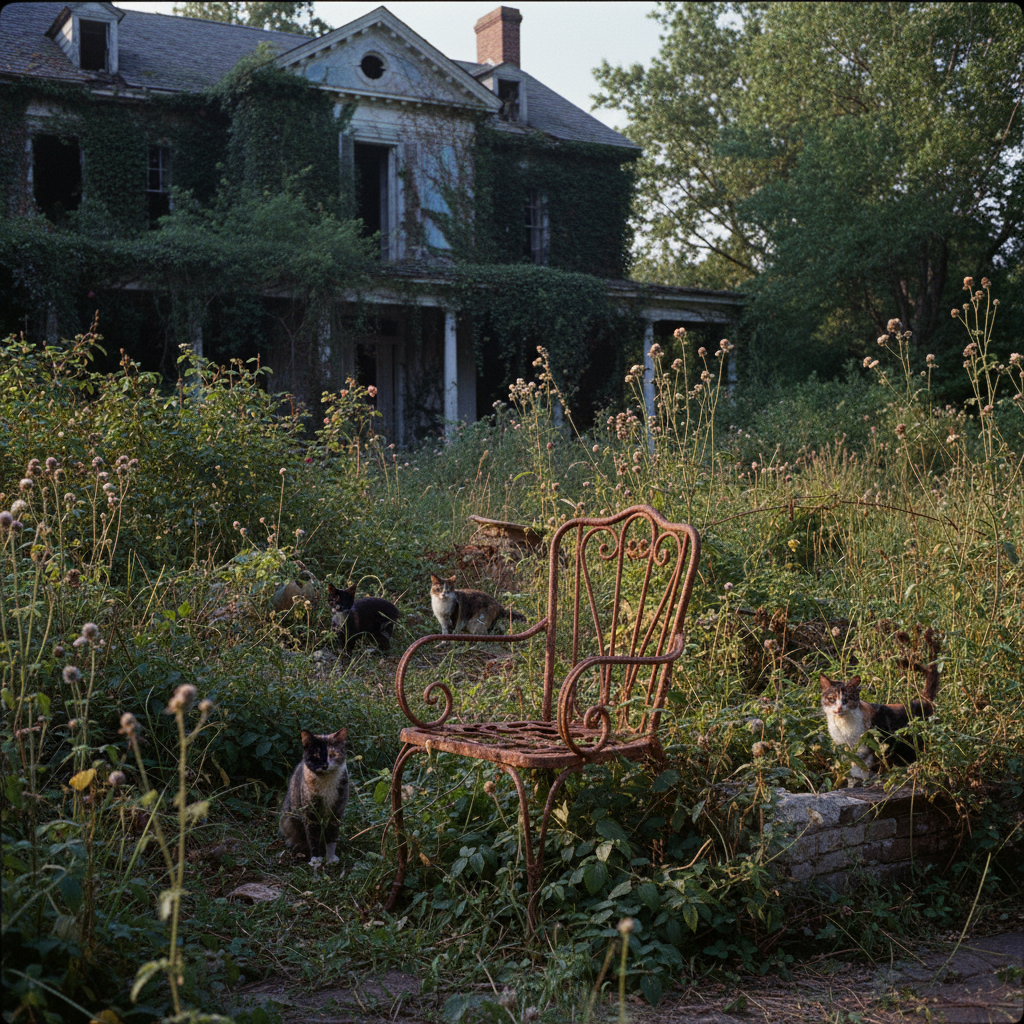 A color photograph of the overgrown garden of the Manahan house in Virginia, 1980, with a few stray cats visible among t