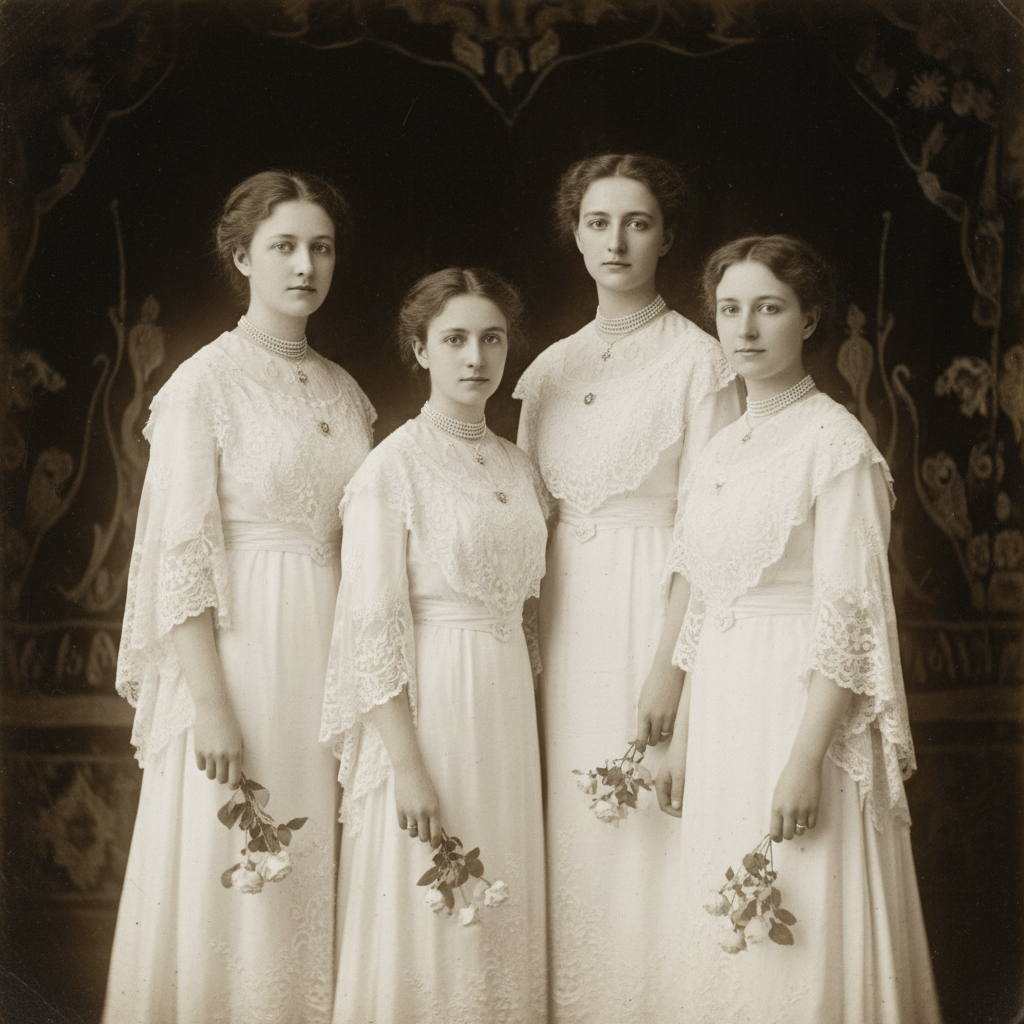 A formal portrait of the four Romanov sisters in 1914, their white lace dresses glowing against a dark background, their