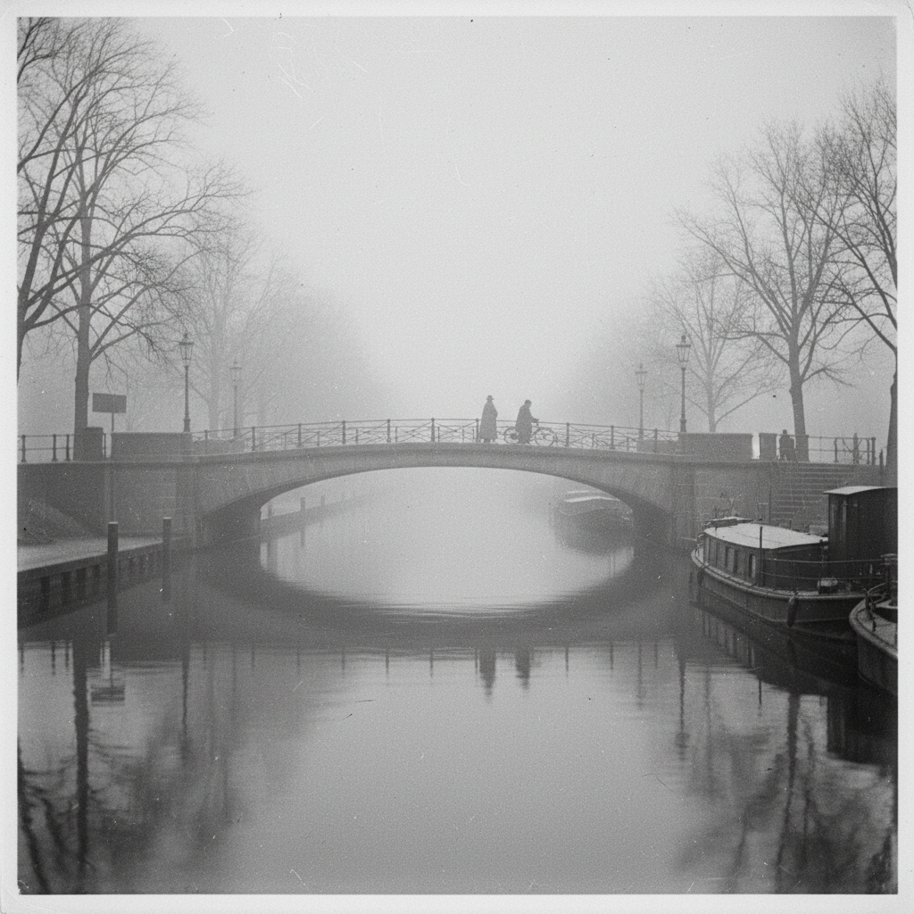A grainy, atmospheric photograph of the Landwehr Canal in Berlin under a low winter mist, 1920.