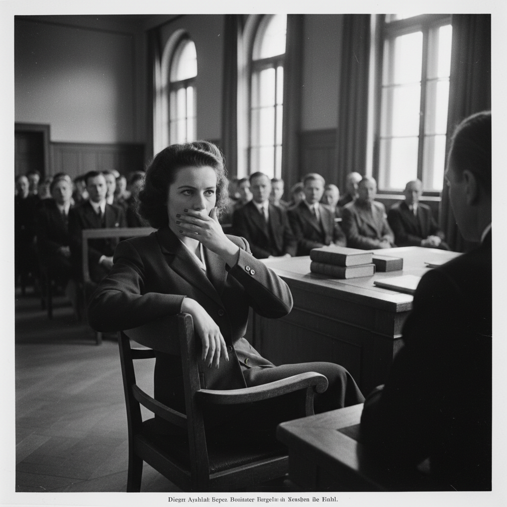 A black and white photograph of Anna Anderson in a German courtroom, 1950, leaning back in her chair with a hand over he