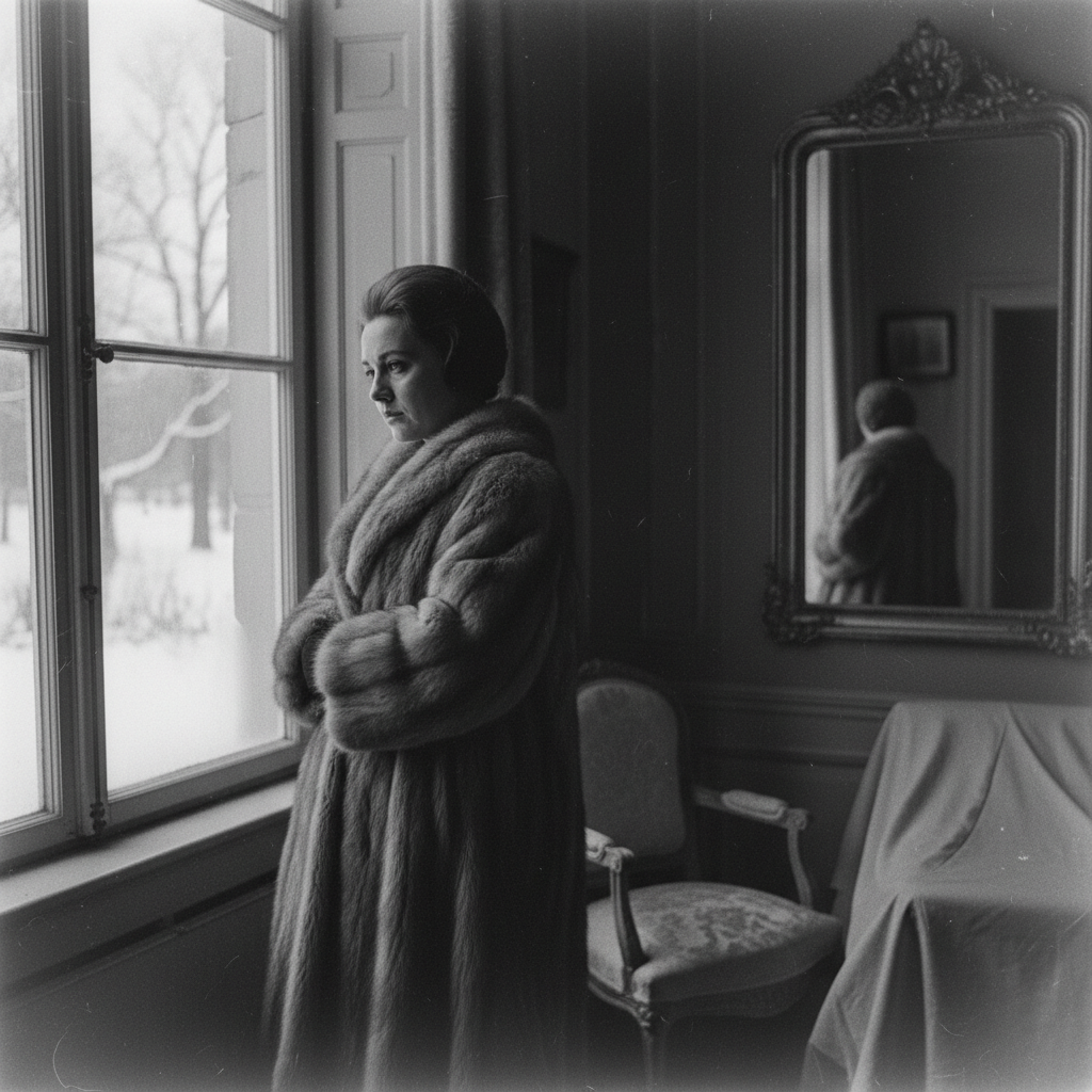 A grainy photograph of Anna Anderson in the 1960s, wrapped in a heavy fur coat despite being indoors, staring out of a w