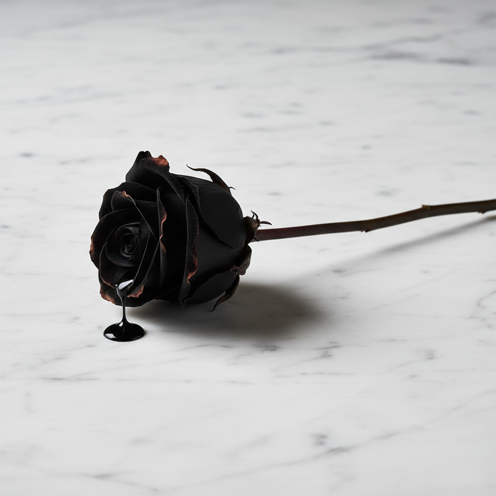 A single, long-stemmed black rose lying on a slab of pristine white Carrara marble; its velvet petals are beginning to c