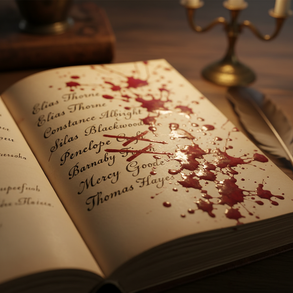 A close-up of a 17th-century ledger book, the ink wet and shimmering under flickering candlelight, showing a list of nam