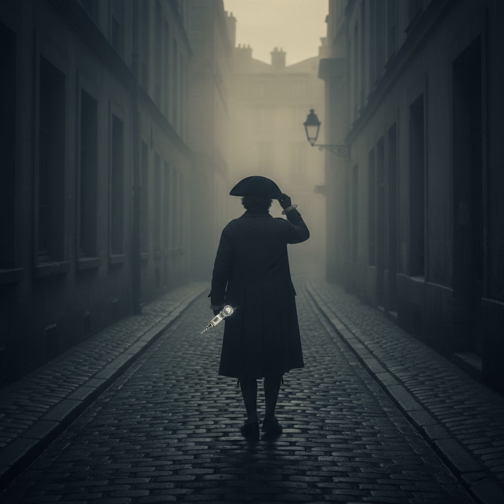A dark, narrow cobblestone alleyway in 18th-century Paris at night, lit by a single distant, flickering lantern; the sil