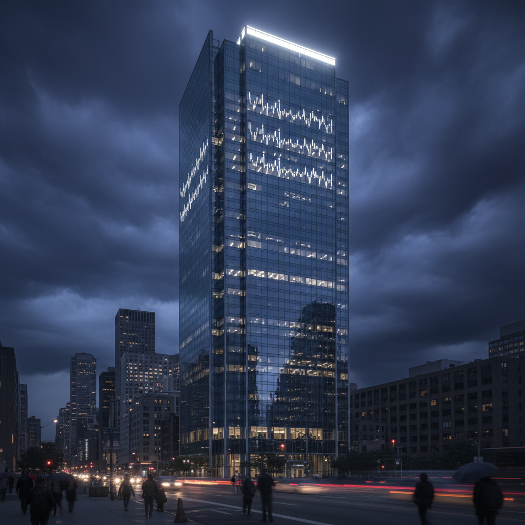 A modern glass skyscraper reflecting a dark, stormy metropolitan sky; the office lights on the top floors are flickering