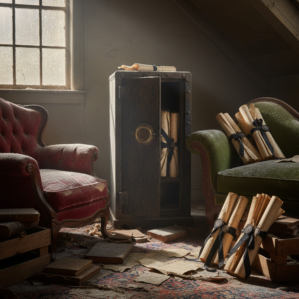 A dusty, sunlit attic room filled with discarded velvet furniture and a single, heavy iron safe, its door slightly ajar 