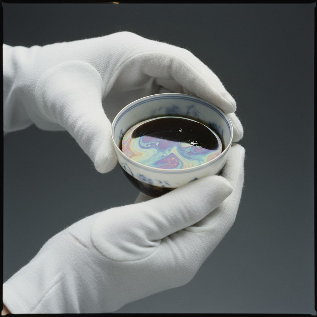 A pair of gloved hands holding a delicate, translucent porcelain teacup, with a faint, oily film shimmering on the surfa