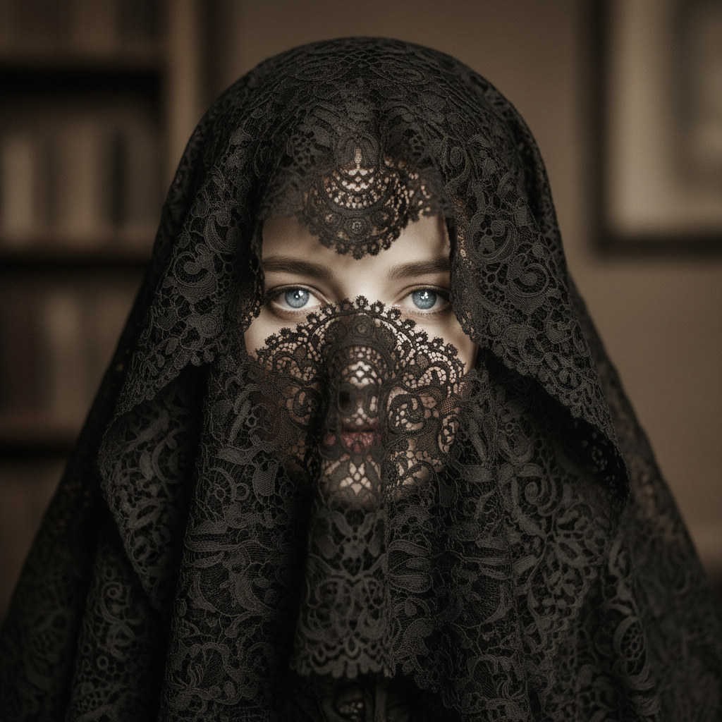 A close-up of a 19th-century widow’s mourning veil, the black lace intricate and heavy, partially obscuring a pair of sh