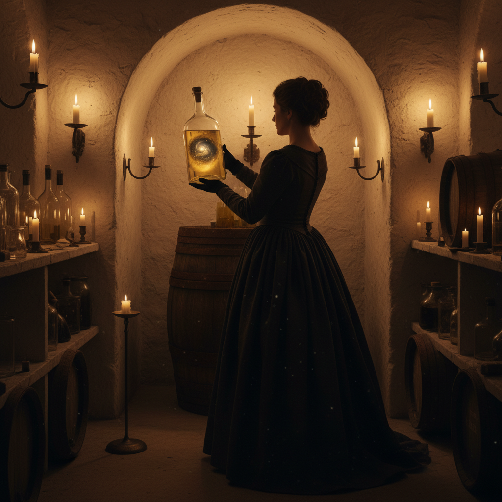 A close-up of a hand in a lace cuff removing a cork, a spray of fine white foam erupting in a frozen moment of kinetic e