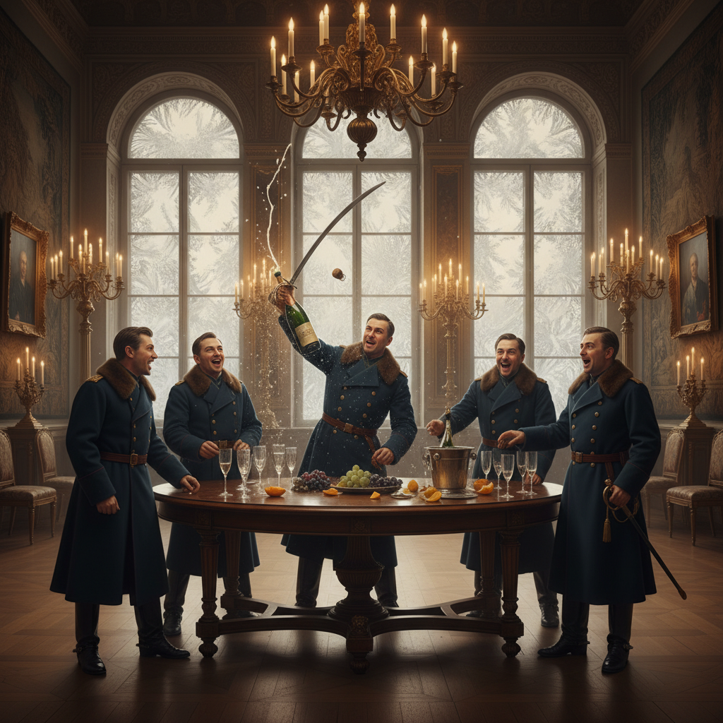 A candlelit cellar scene where a woman in a dark, heavy dress is seen from behind, her silhouette stark against the whit