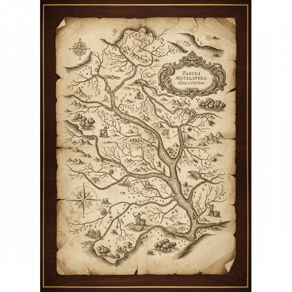 A hand-drawn 17th-century map of the Golconda mines, stained with ink and age, showing the jagged veins of the earth.