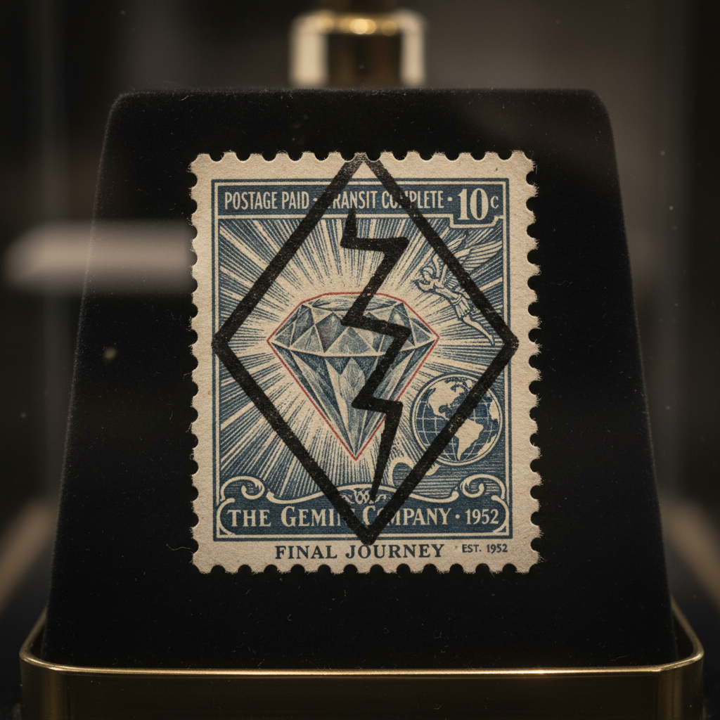 A macro photograph of a 1950s postage stamp, canceled with a heavy black mark, symbolizing the diamond's final journey.