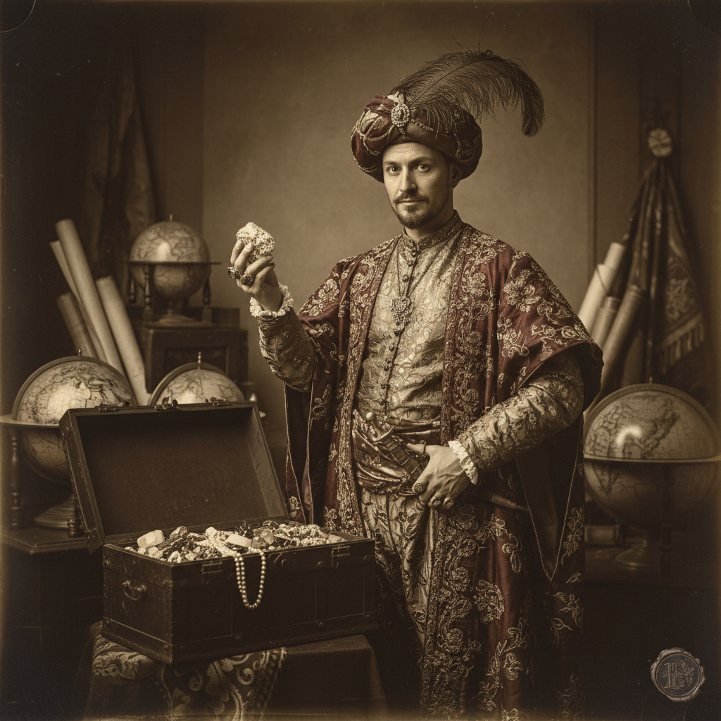 A portrait of Jean-Baptiste Tavernier in Oriental dress, his eyes sharp, calculating, and weary from the weight of his t