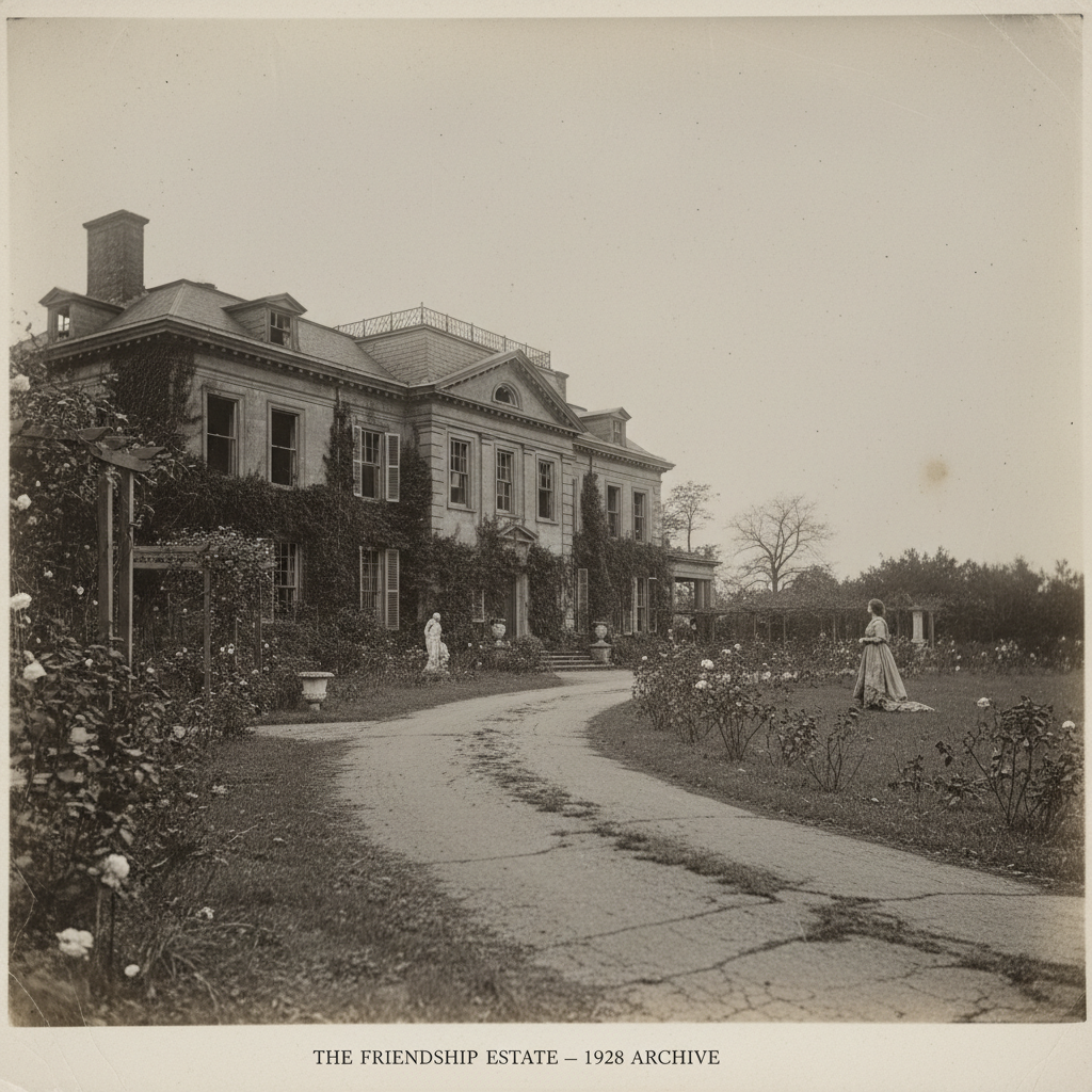 A sprawling, sepia-toned view of 'Friendship,' the McLean estate, its gardens overgrown and its windows reflecting a col