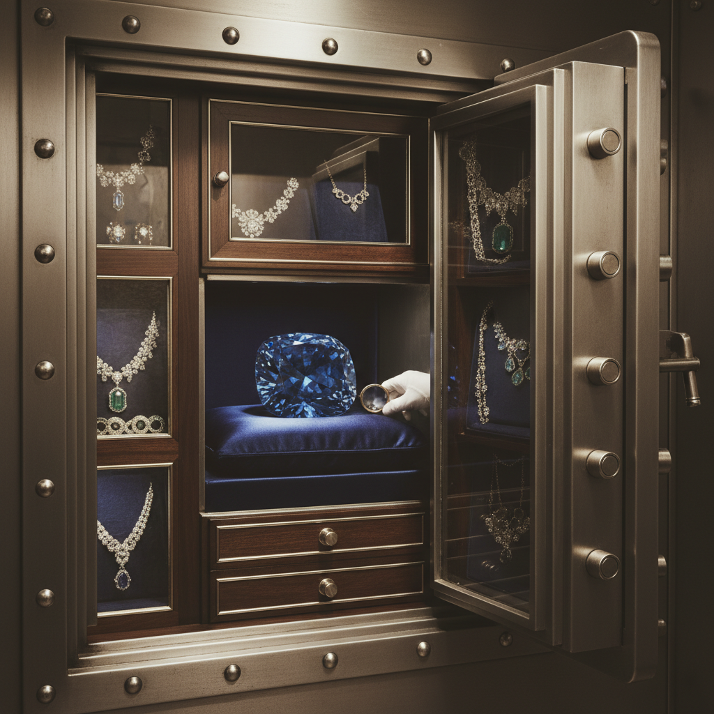 The interior of a jewelry safe, the door heavy and steel-ribbed, with the Hope Diamond resting on a bed of dark silk.