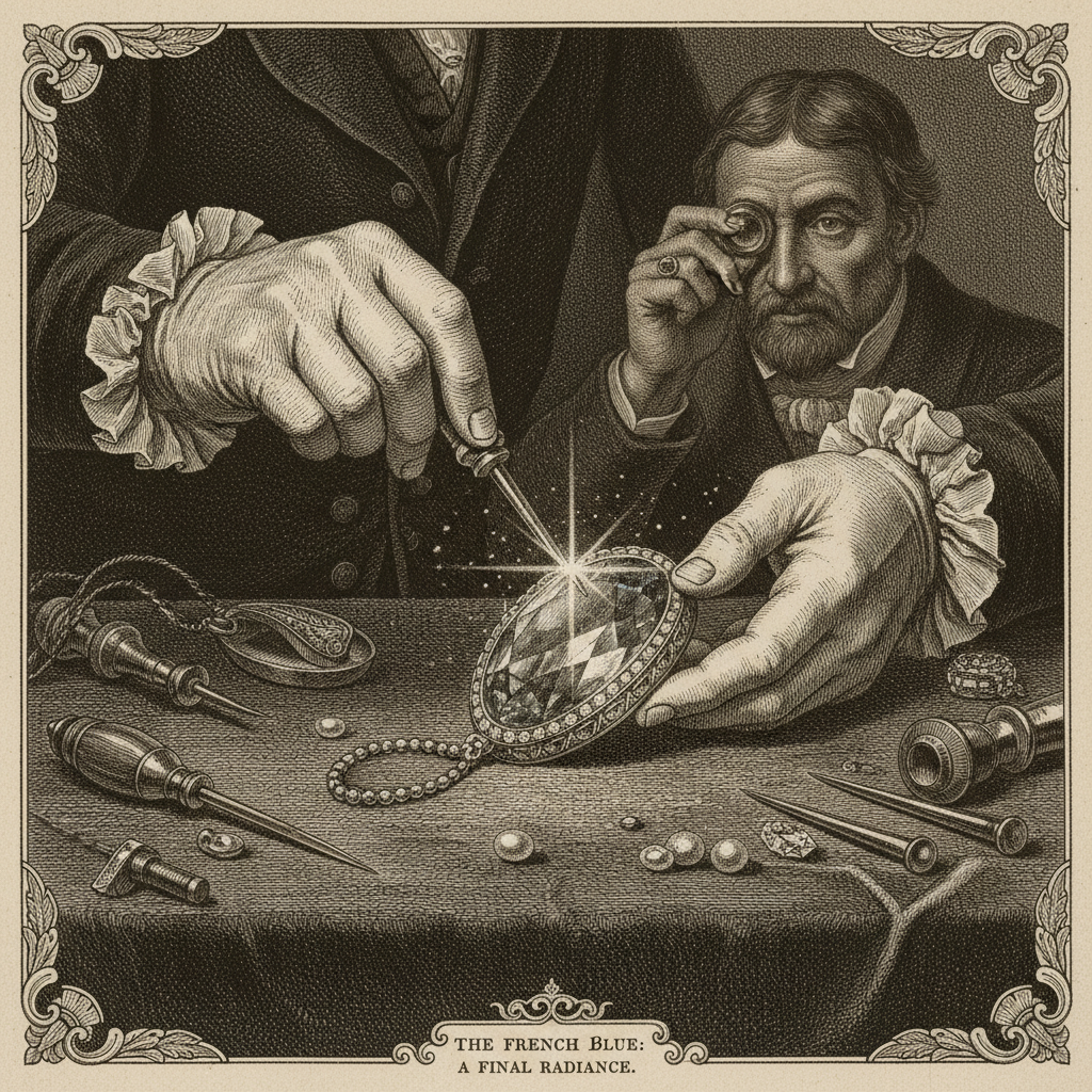 A 19th-century engraving of the French Blue being pried from its setting, the light hitting its facets for the last time