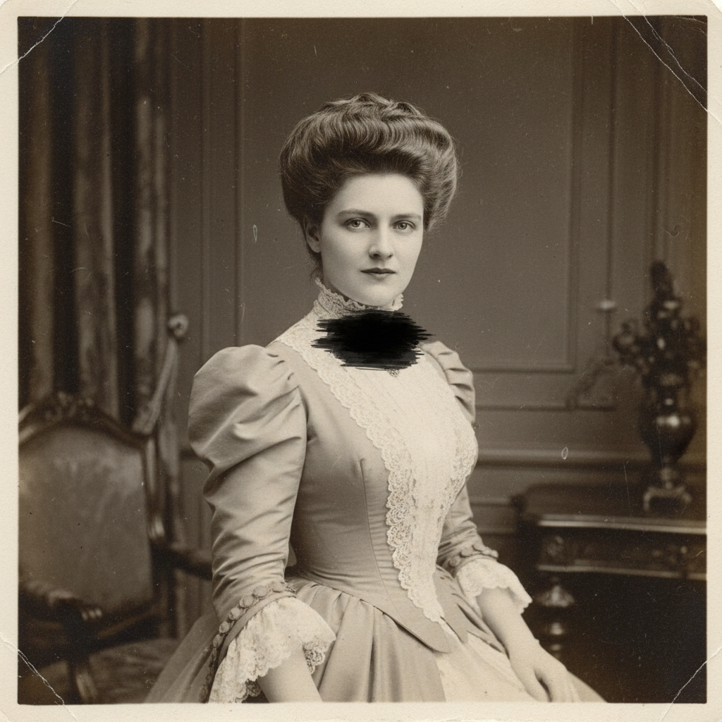 A late-Victorian photograph of May Yohe, her expression defiant, the diamond a dark, blurred smudge at her throat.