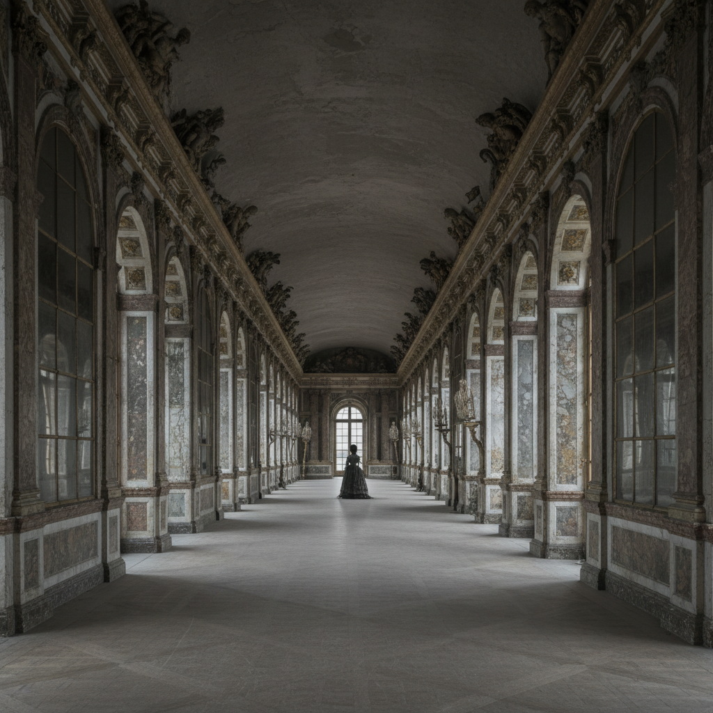 The Hall of Mirrors at Versailles, empty and haunting in the gray morning light, the gold leaf tarnished by time.