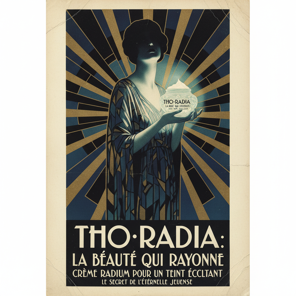 A vintage Art Deco advertisement for Tho-Radia, featuring a woman illuminated from below by a spectral, glowing jar of f