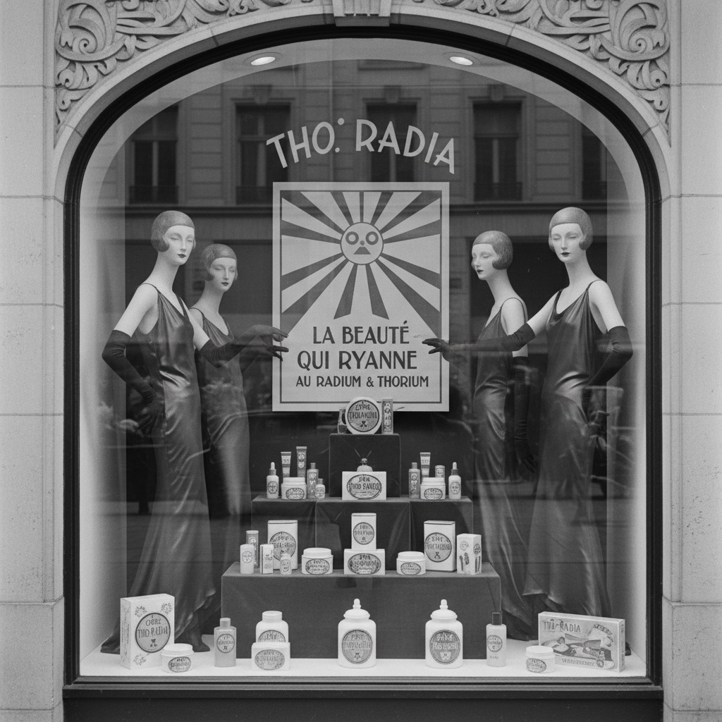 A black and white photograph of a 1930s department store display window dedicated to Tho-Radia, with elegant mannequins.