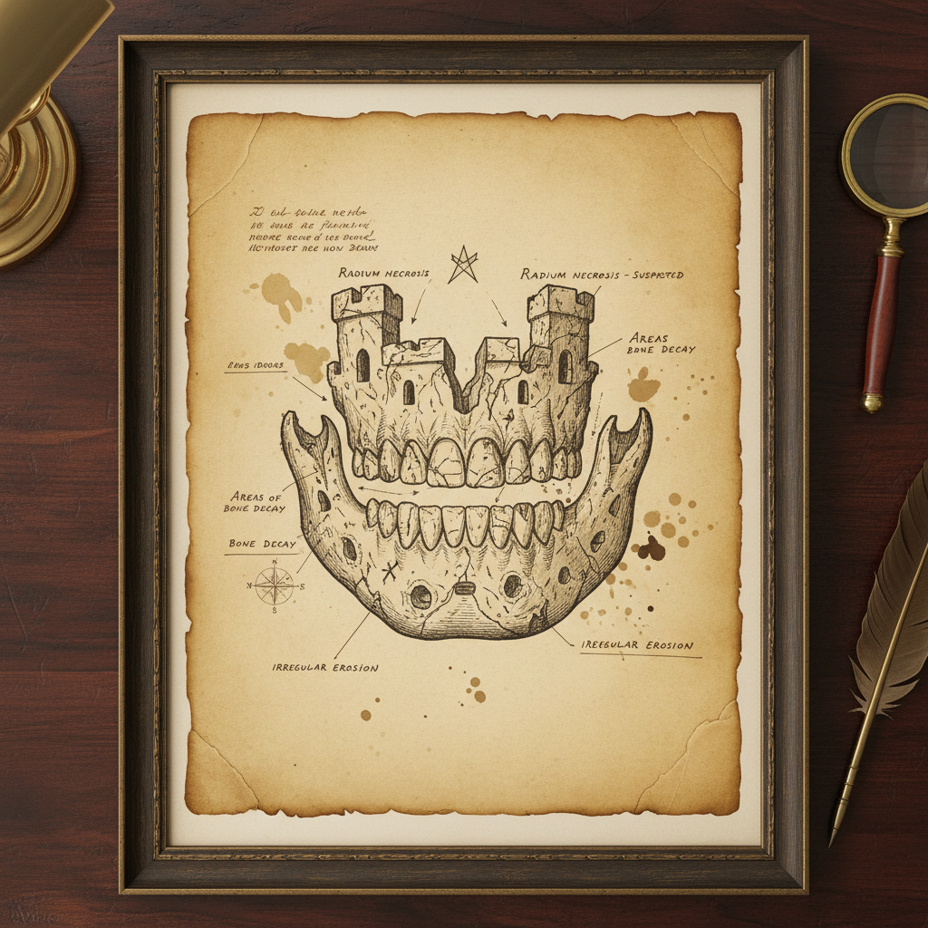 A medical diagram from the period showing the human jawbone, with handwritten notes highlighting areas of suspected "rad