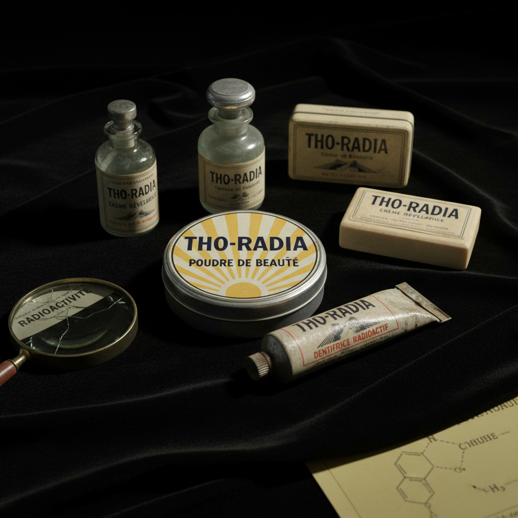 A collection of Tho-Radia products including a tin of face powder and a tube of toothpaste, arranged on a black velvet s