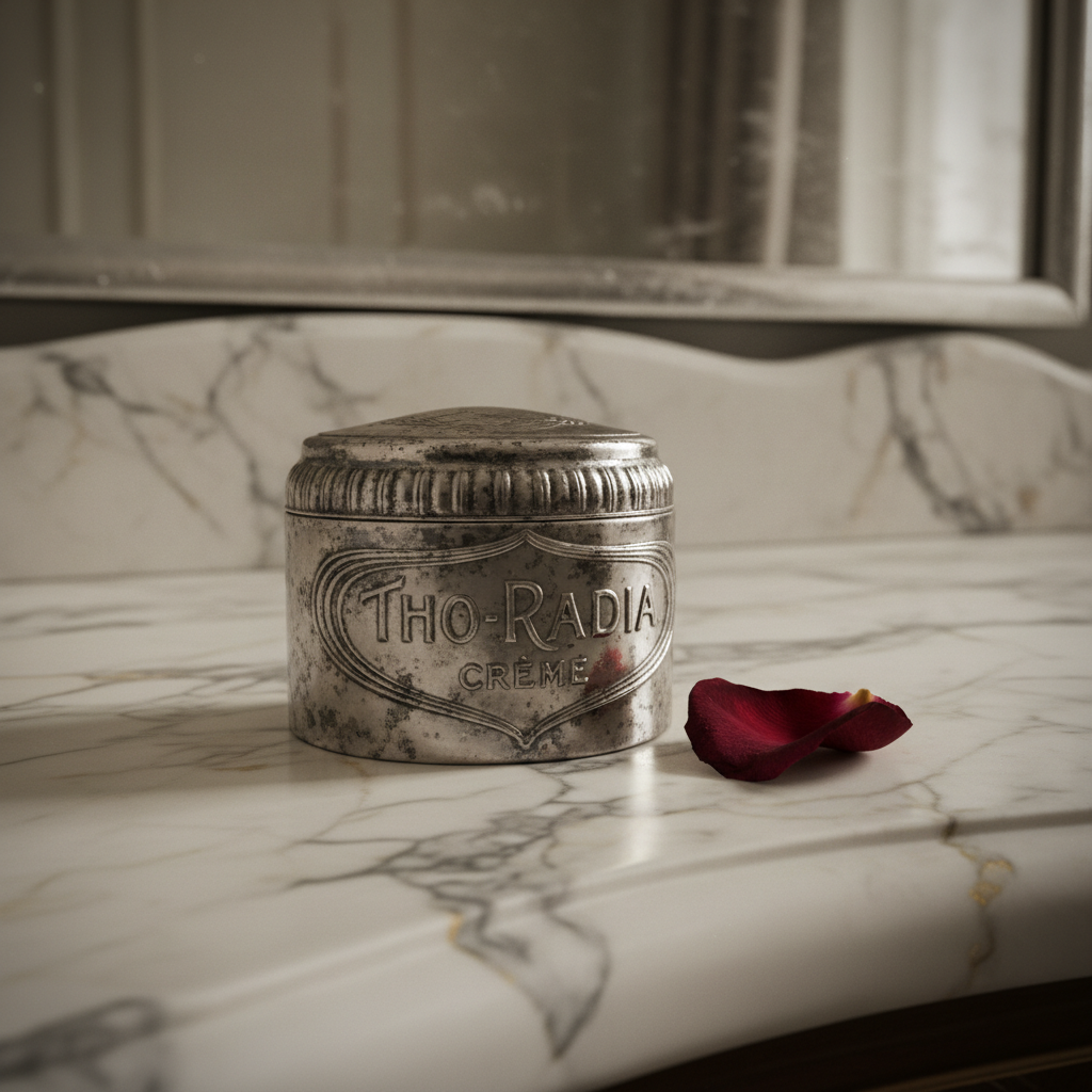 A close-up of an empty, tarnished silver Tho-Radia jar sitting on a cracked marble vanity, a single dried rose petal res