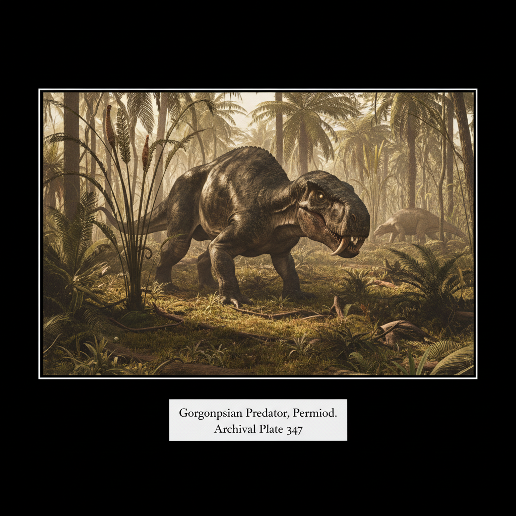A lush, sun-drenched Permian landscape featuring a massive gorgonopsian predator stalking through dense, fern-like veget