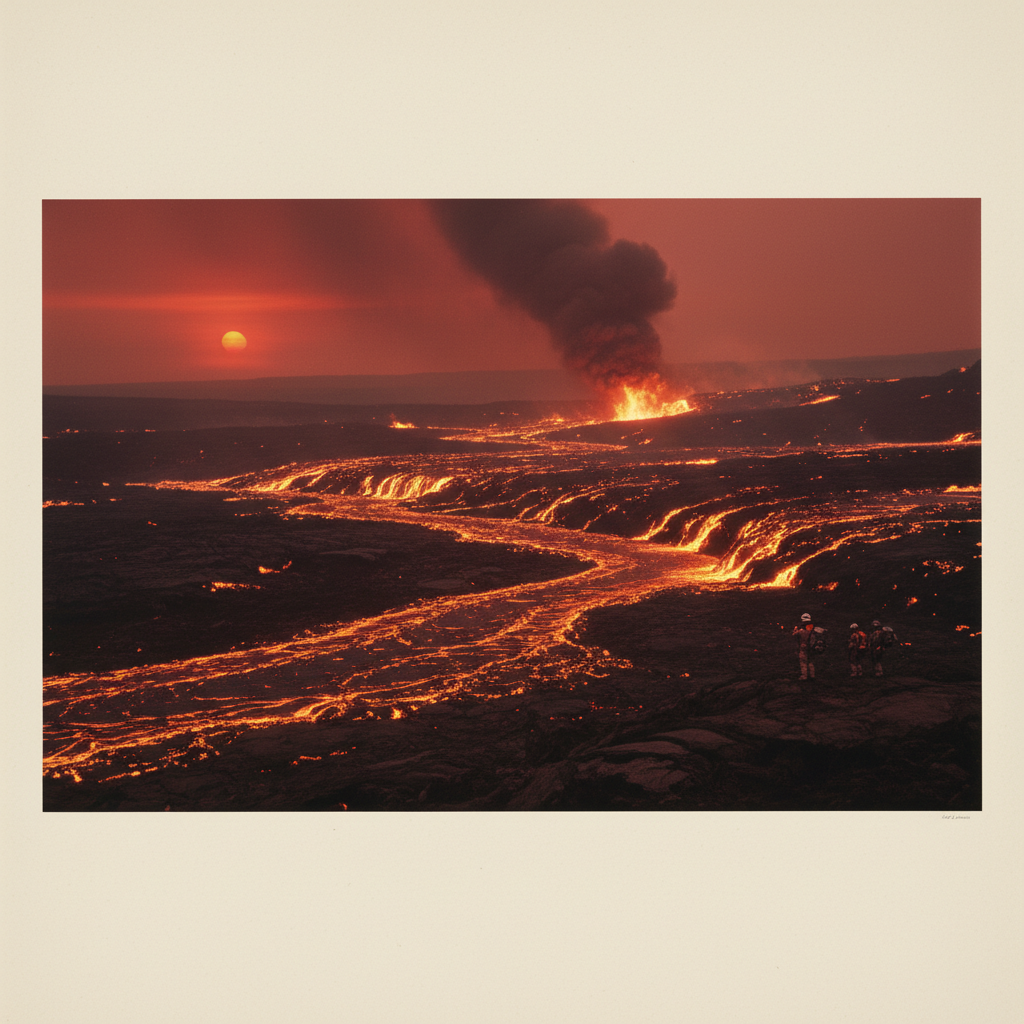Massive rivers of lava flowing through a scorched landscape, with plumes of black smoke rising into a hazy, red-tinted a