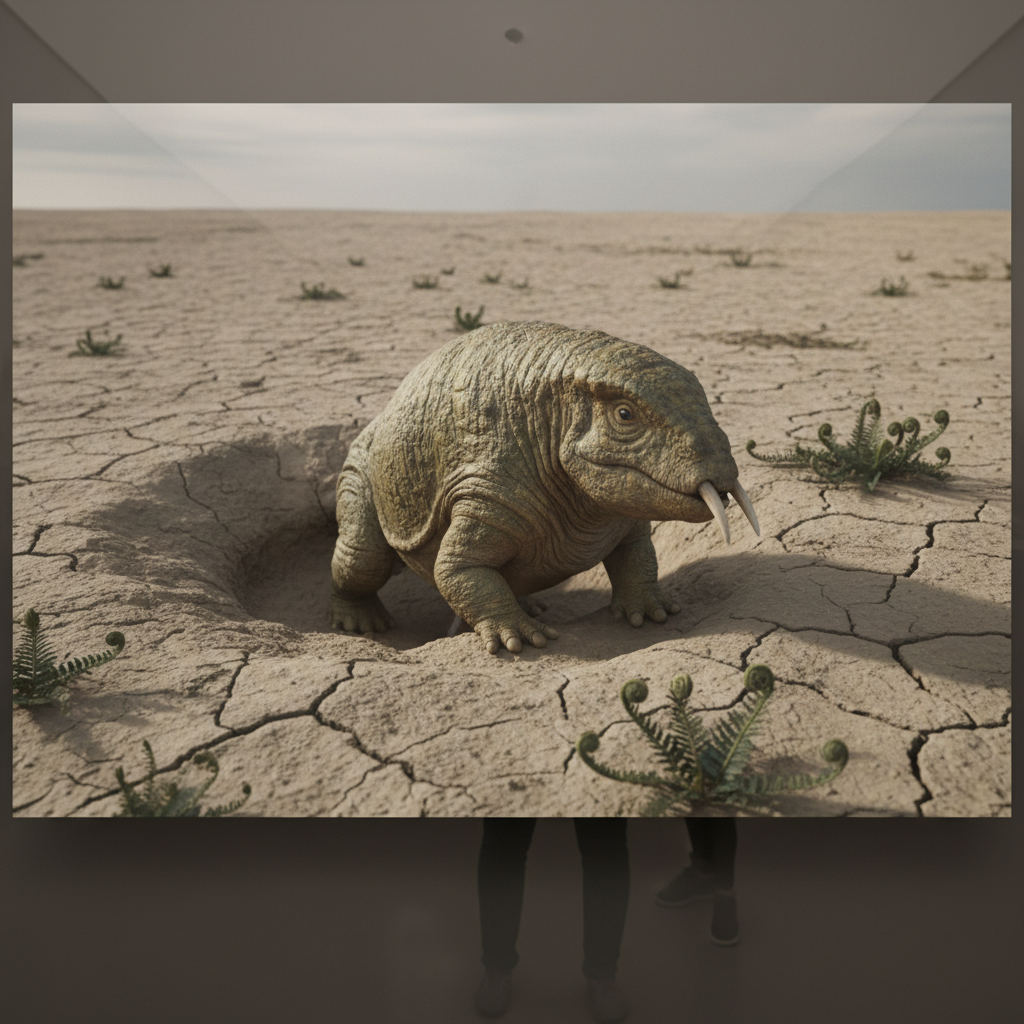 A small, tusked Lystrosaurus emerging from a burrow into a stark, empty landscape where a few hardy ferns struggle to gr