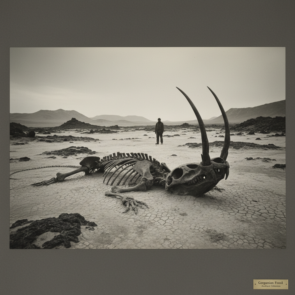 A desolate, ash-covered plain where the skeletal remains of a Gorgonopsian lie half-buried, its saber teeth jutting out 