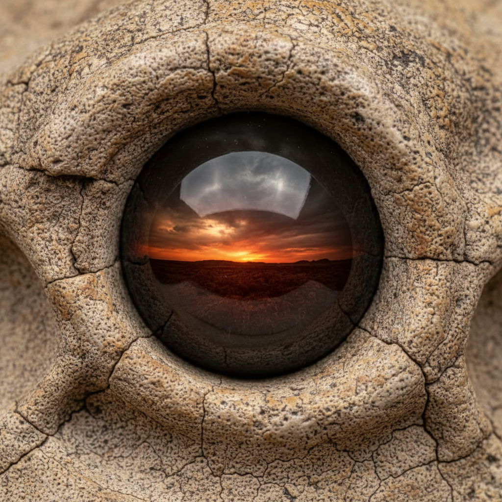 A close-up of a Pareiasaur’s eye, reflecting a distant, orange-tinged horizon under a darkening, soot-filled sky.