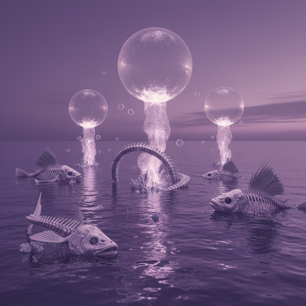 A surreal, purple-hued ocean surface with large bubbles of gas rising to the top, surrounded by the floating carcases of