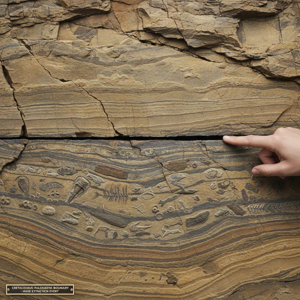 A cross-section of a cliff face showing a sharp, dark line in the rock layers, with a hand pointing to the sudden disapp