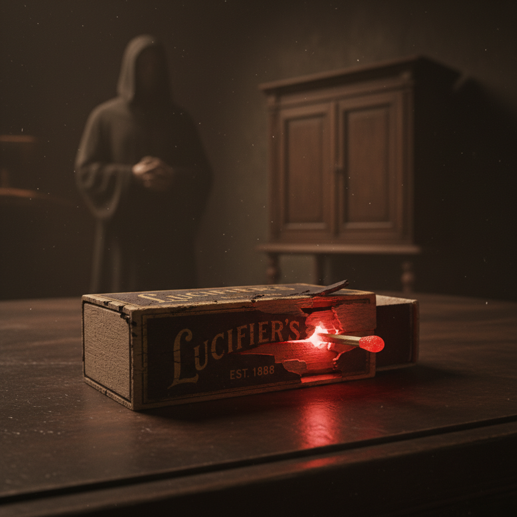 A close-up of a Lucifers matchbox, the wood splintered, the red tip glowing unnaturally in a dim room.