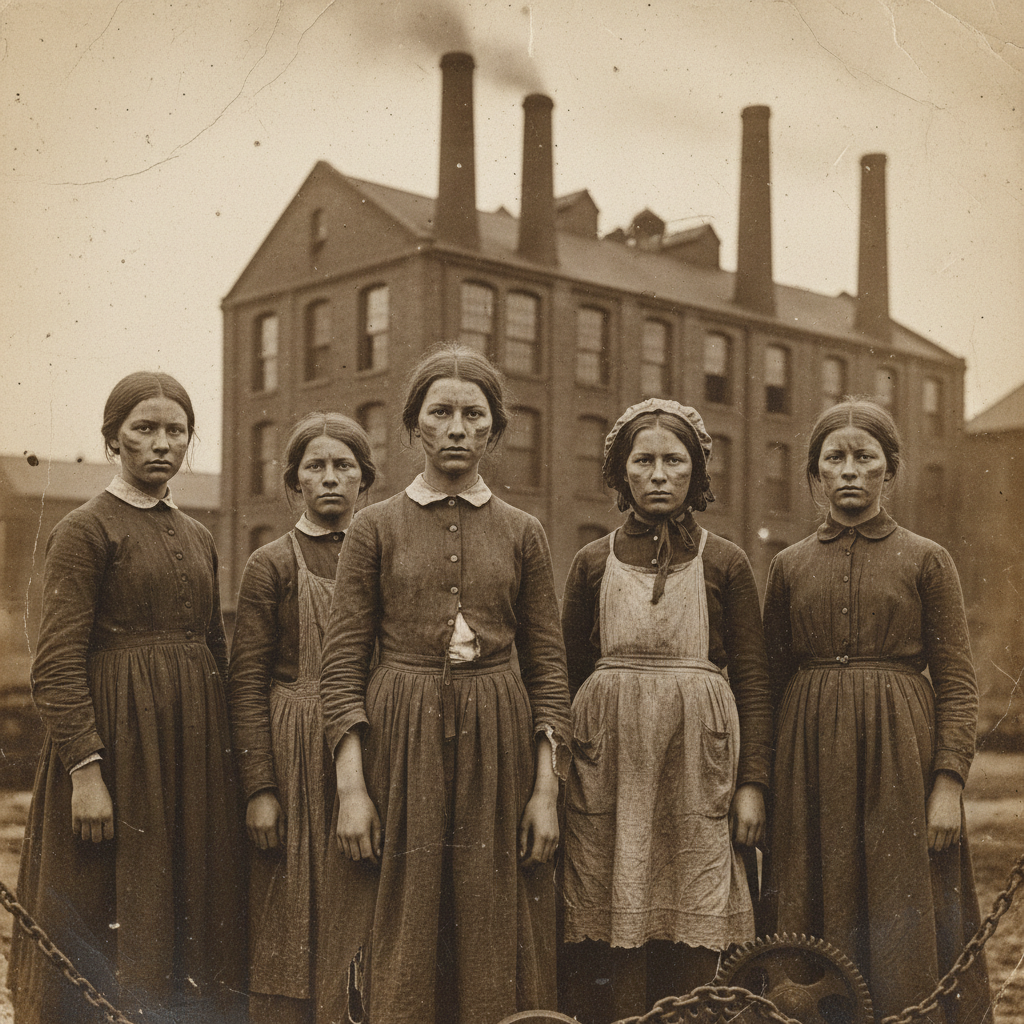 A sepia-toned photograph of teenage girls in tattered Victorian dresses, their faces smudged with soot, standing before 