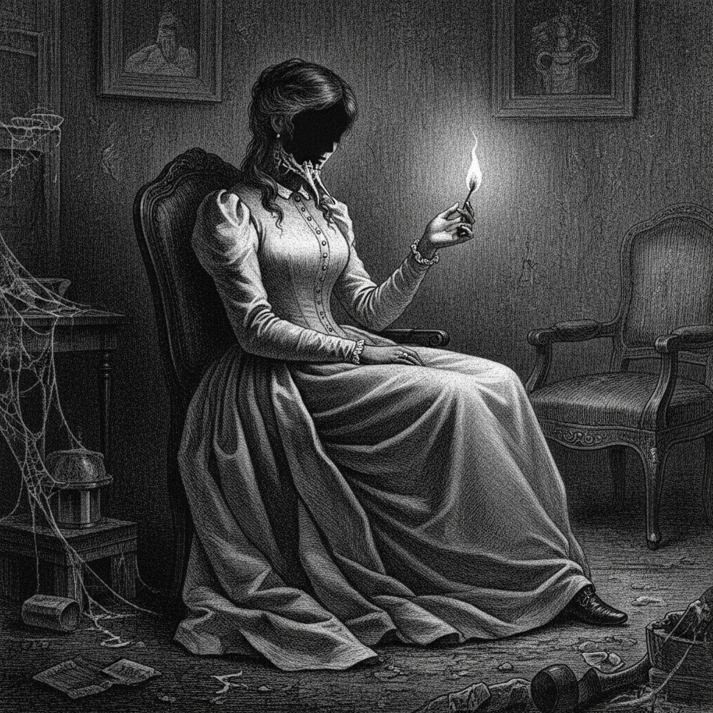 A grainy, black-and-white illustration of a Victorian woman sitting in a dark room, a single glowing match illuminating 