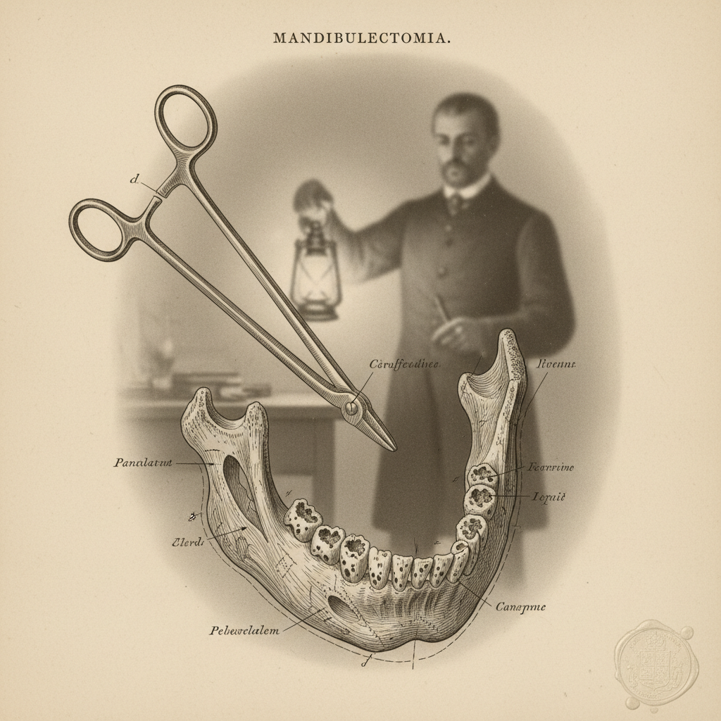 A medical diagram from 1890 showing the surgical removal of a human mandible, the bone depicted with porous, worm-eaten 