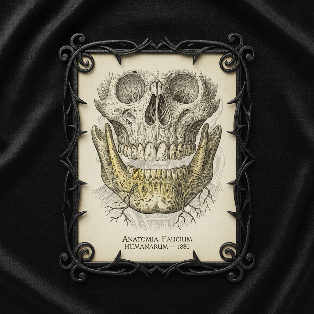 A medical illustration from 1890 showing the skeletal structure of a human jaw, the lower bone depicted in a sickly, por