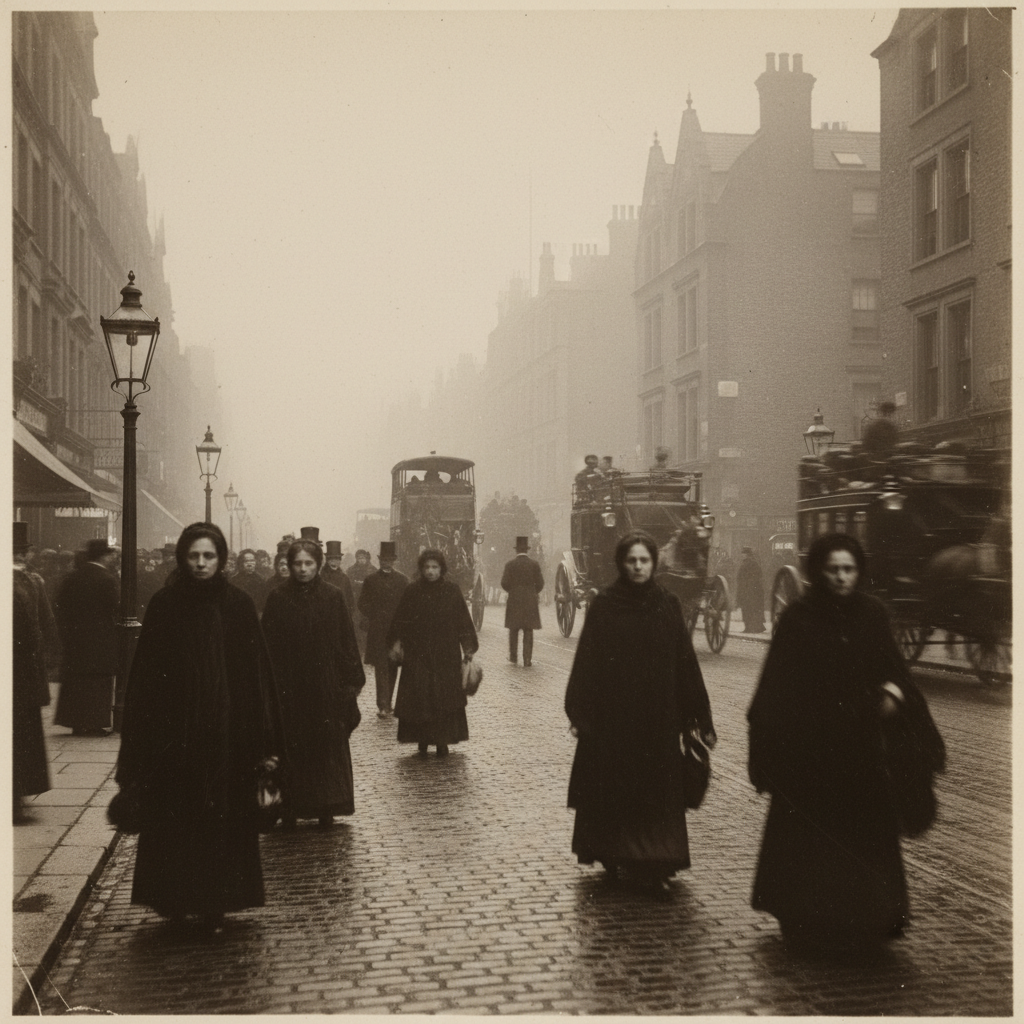 A wide-angle photograph of a crowded London street in 1888, the figures of women in shawls blurred by the fog, their eye