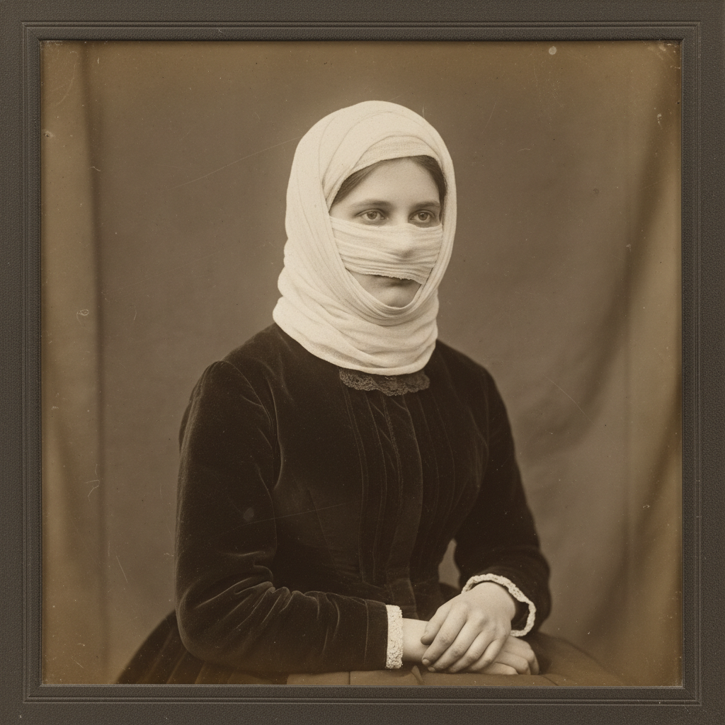 A medical photograph from the late 19th century showing a young woman with a bandaged face, her jaw visibly missing bene