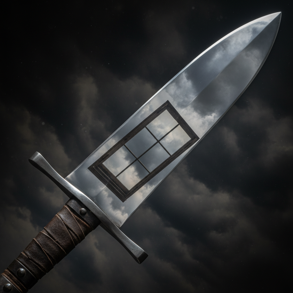 A high-contrast shot of a heavy steel blade, polished to a mirror shine, reflecting a turbulent grey sky and the faint, 