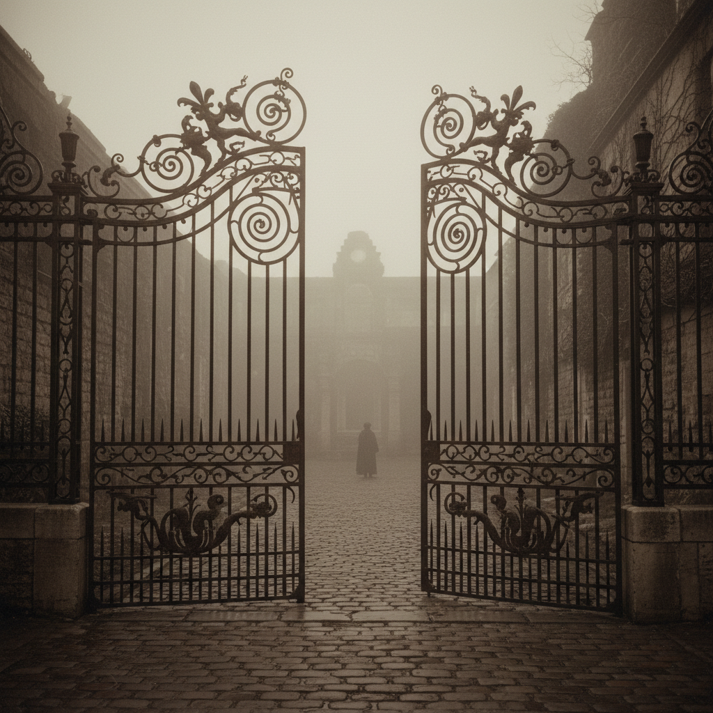 A pair of heavy, ornate iron gates slightly ajar, leading into a mist-covered courtyard in old Paris, the stone damp and